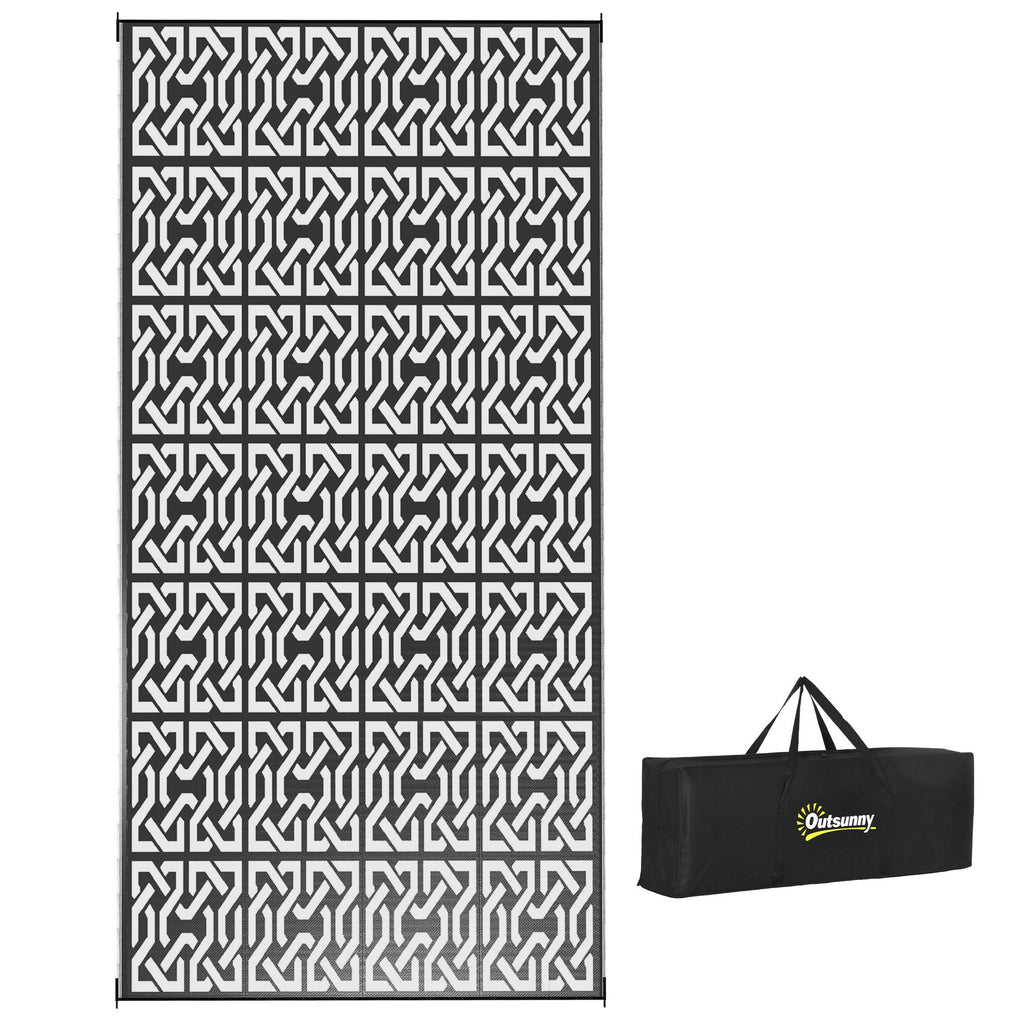 Outsunny Reversible Outdoor Rug, 9' x 18' Waterproof Plastic Straw Floor Mat, Portable RV Camping Carpet with Carry Bag, Large Floor Mat for Backyard, Deck, Picnic, Beach, Black & White Chain