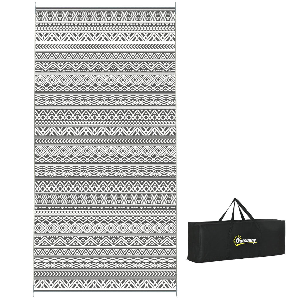 Outsunny Reversible Outdoor Rug, 9' x 18' Waterproof Plastic Straw Floor Mat, Portable RV Camping Carpet with Carry Bag, Large Floor Mat for Backyard, Deck, Picnic, Beach, Gray & Cream White Boho