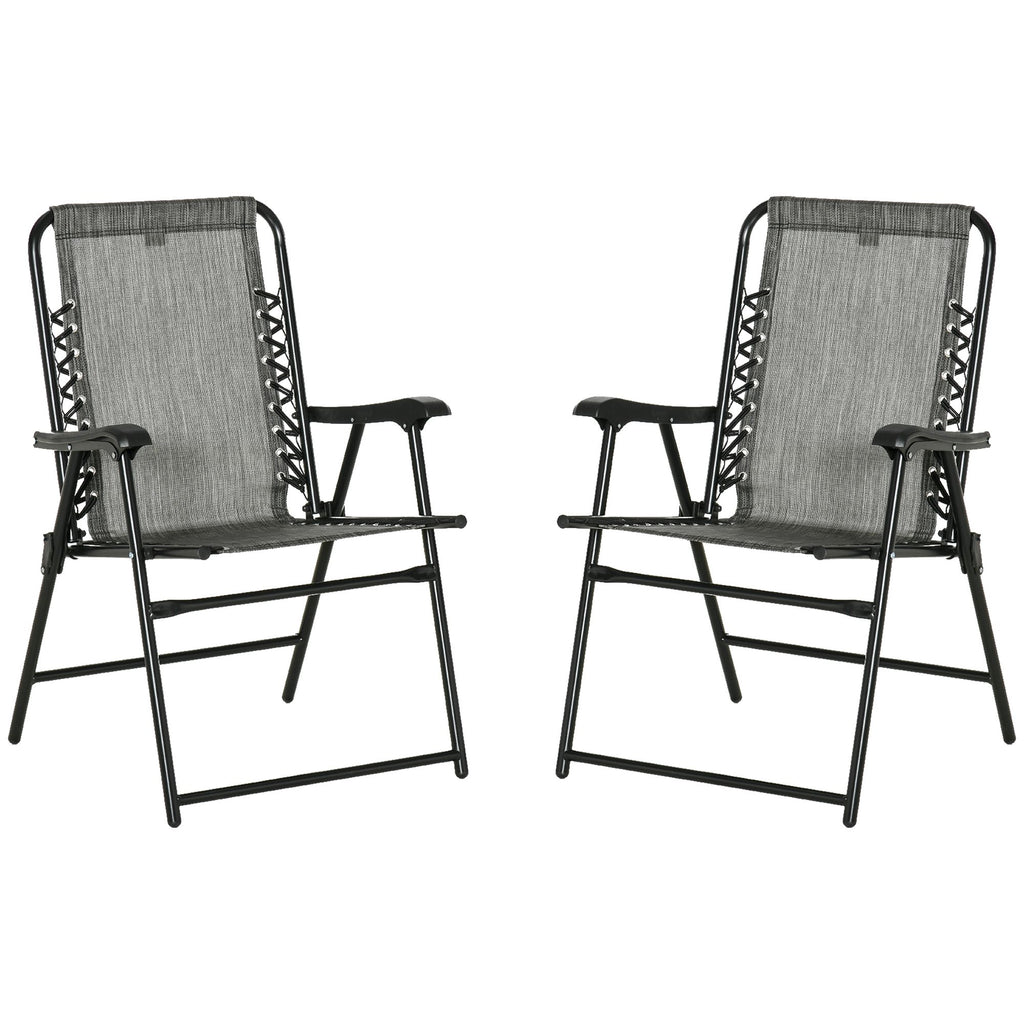 Outsunny Set of 2 Patio Folding Chairs, Outdoor Bungee Sling Chairs w/ Armrests, Portable Lawn Chairs for Camping, Garden, Pool, Beach, Backyard, Gray