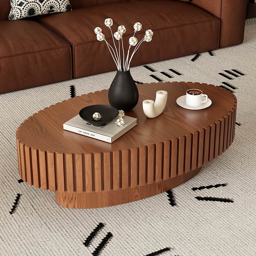 Oval Coffee Table Handcrafted Relief Sturdy Pedestal Wooden Olive-Shaped Tea Table for Living Room