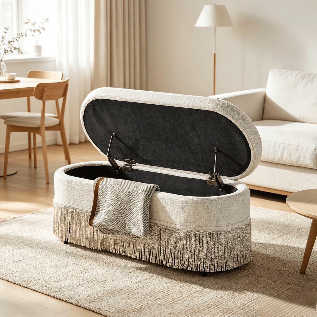 Oval Upholstered Storage Ottoman with Fringe Trim & Lift-Top Lid - 39"L x 16"W x 17"H, Multi-Functional Footrest & Hidden Storage for Living Room or Bedroom - Beige Fabric with Metal Frame