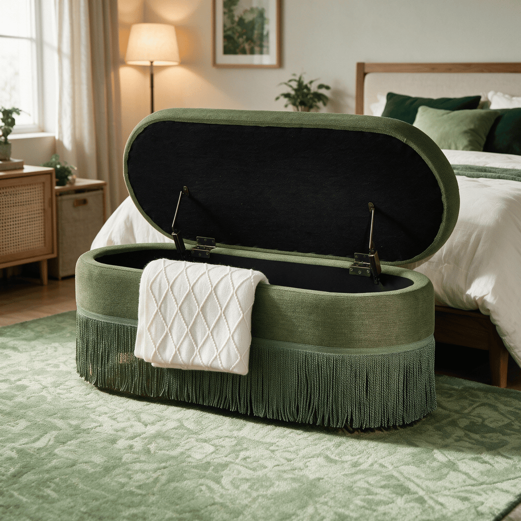 Oval Upholstered Storage Ottoman with Fringe Trim & Lift-Top Lid - 39"L x 16"W x 17"H, Multi-Functional Footrest & Hidden Storage for Living Room or Bedroom - Green Fabric with Metal Frame