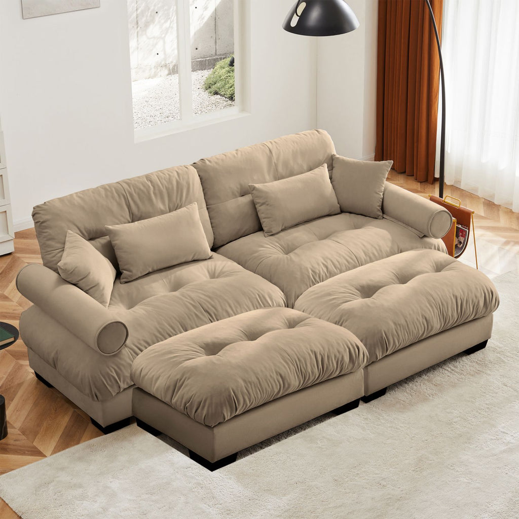 Over Size Modern Two-seater Sofa with Ottoman, Velvet 2-Seater with Round Bolster Armrests,With Waist Pillow and Throw Pillows, Reading Room , Loft and Bedroom,Camel
