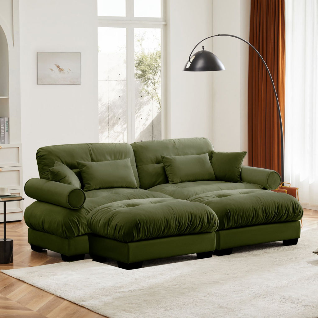 Over Size Modern Two-seater Sofa with Ottoman, Velvet 2-Seater with Round Bolster Armrests,With Waist Pillow and Throw Pillows, Reading Room Olive green