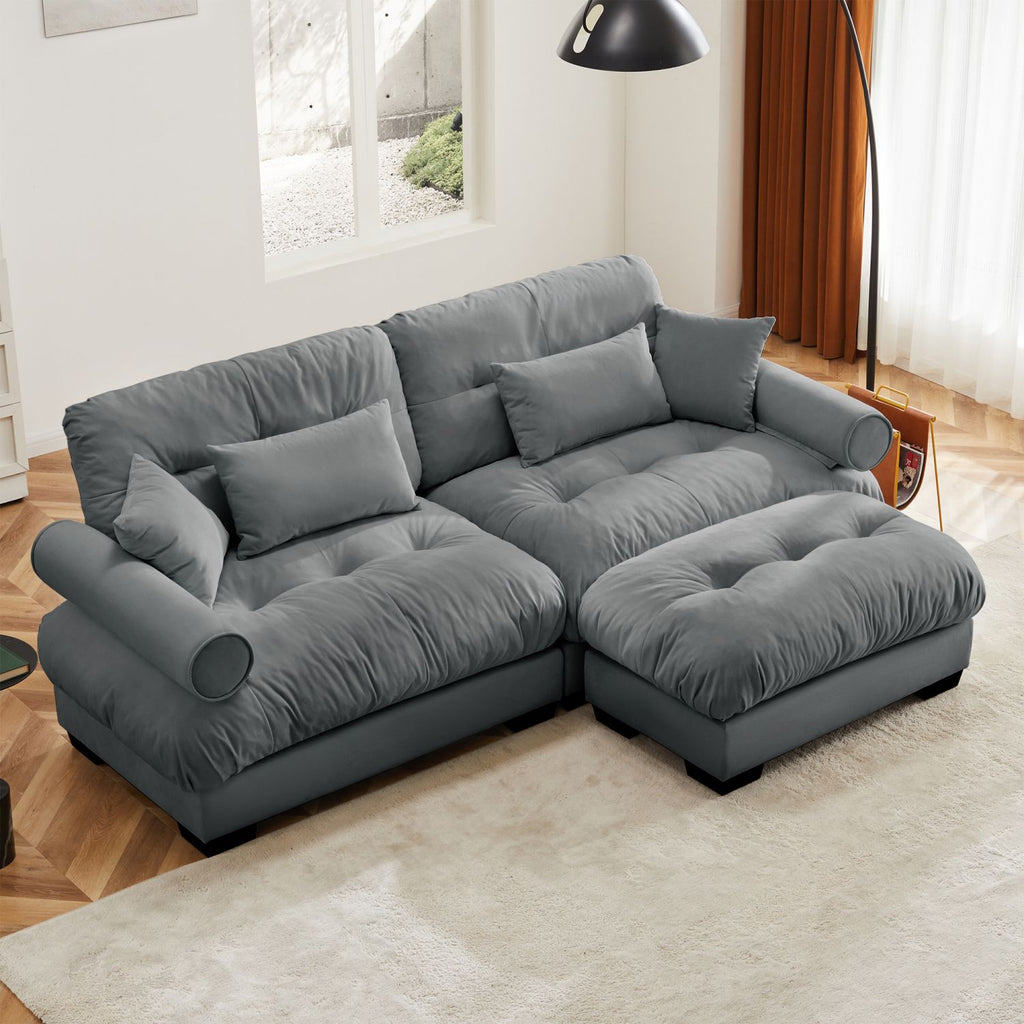 Over Size Modern Two-seater Sofa with Ottoman, Velvet 2-Seater with Round Bolster Armrests,With Waist Pillow and Throw Pillows,Small L Shape Sofa For Living Room, Reading Room Grey