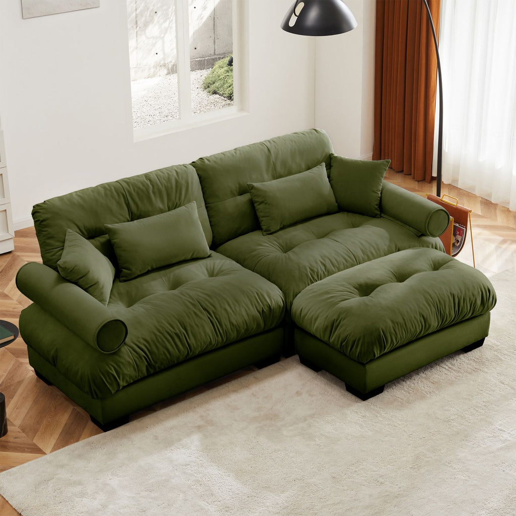 Over Size Modern Two-seater Sofa with Ottoman, Velvet 2-Seater with Round Bolster Armrests,With Waist Pillow and Throw Pillows,Small L Shape Sofa For Living Room, Reading Room Olive green