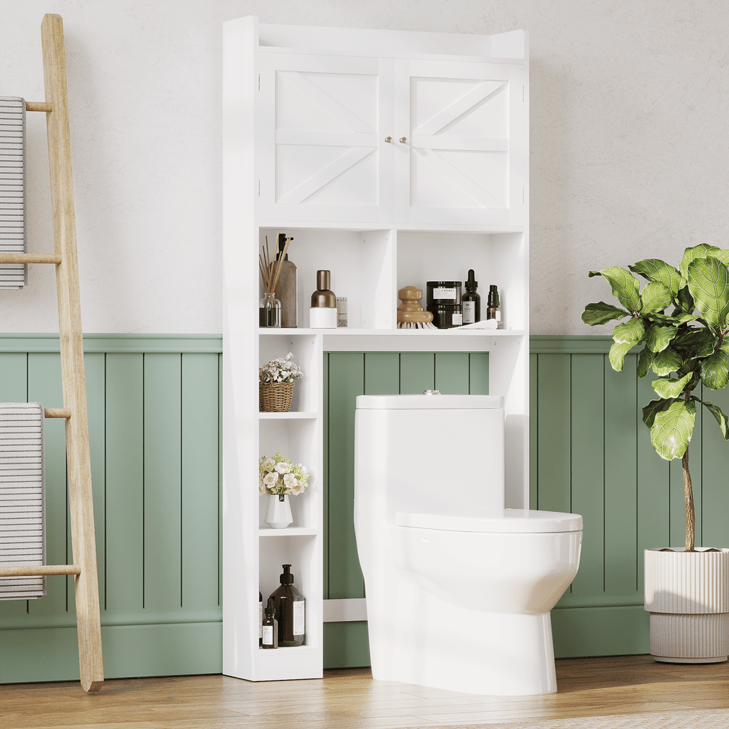 Over-The-Toilet Storage Cabinet with Adjustable Shelf, Bathroom Space Saver with Double Doors and Open Shelves, Freestanding Toilet Organizer Rack for Bathroom Storage – White
