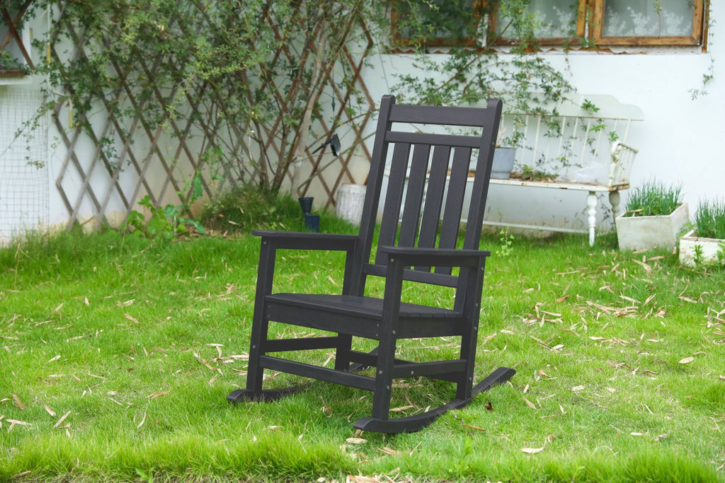 Oversized Rocking Chair with Wood-Texture, Outdoor Rocking Chair for Adults, All Weather Resistant Porch Rocker for Lawn Garden, Black