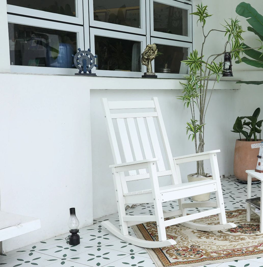 Oversized Rocking Chair with Wood-Texture, Outdoor Rocking Chair for Adults, All Weather Resistant Porch Rocker for Lawn Garden, White