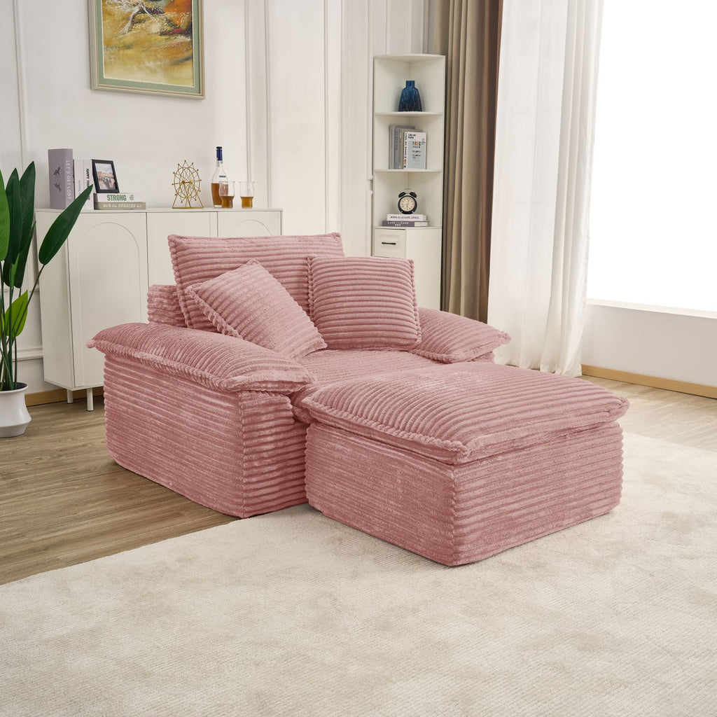 Oversized Sofa Chair and a Half with Deep Seat & Movable 2-Layer Ottoman Set, Cloud Sofa Bed with Chaise, 1-Seater Modular Sectional Sleeper Couch for Living Room, No Assembly Teddy-Fleece, PINK
