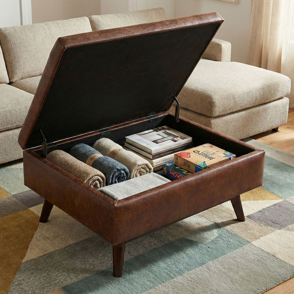 Owen 34 inch Wide Coffee Table Storage Ottoman in Distressed Saddle Brown Vegan Leather