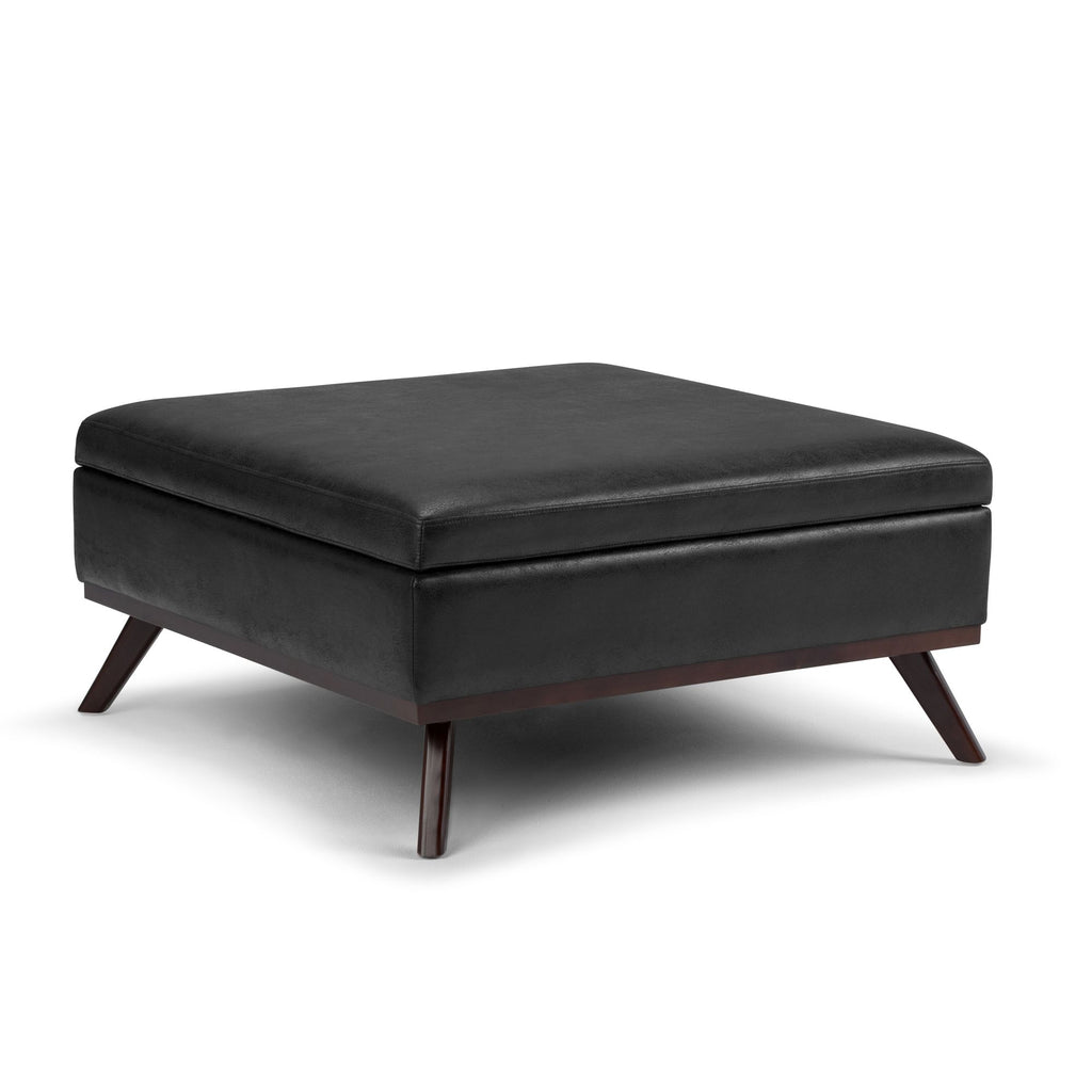 Owen 36 inch Wide Square Coffee Table Storage Ottoman in Distressed Black Vegan Leather