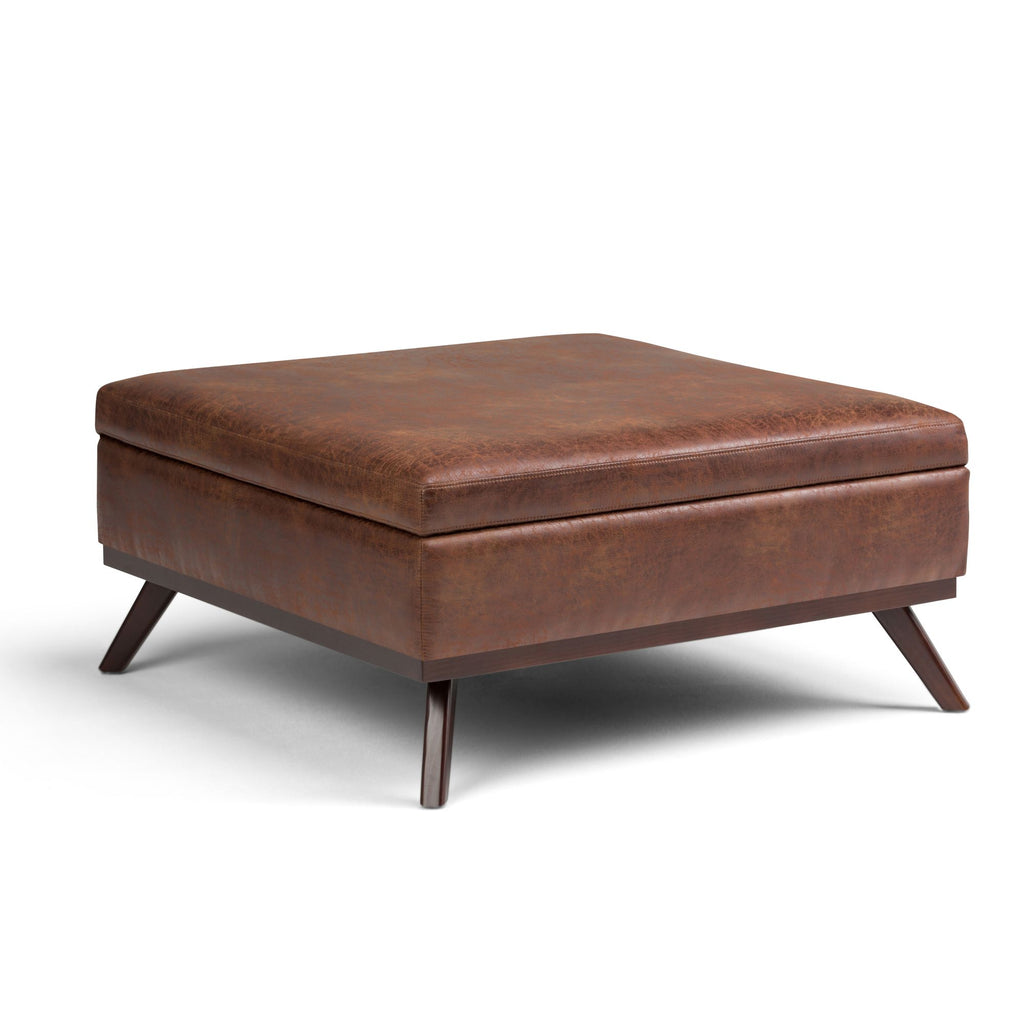 Owen 36 inch Wide Square Coffee Table Storage Ottoman in Distressed Saddle Brown Vegan Leather