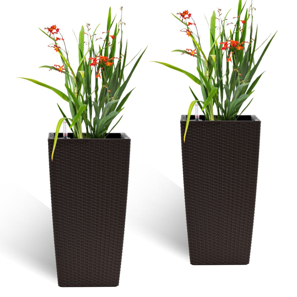Pack of 2 Brown Color Square Planter 22-Inch High Faux Rattan Design Flower Pot with Automatic Watering System for Porch Patio Backyard Makes Keeping Flowers Easier