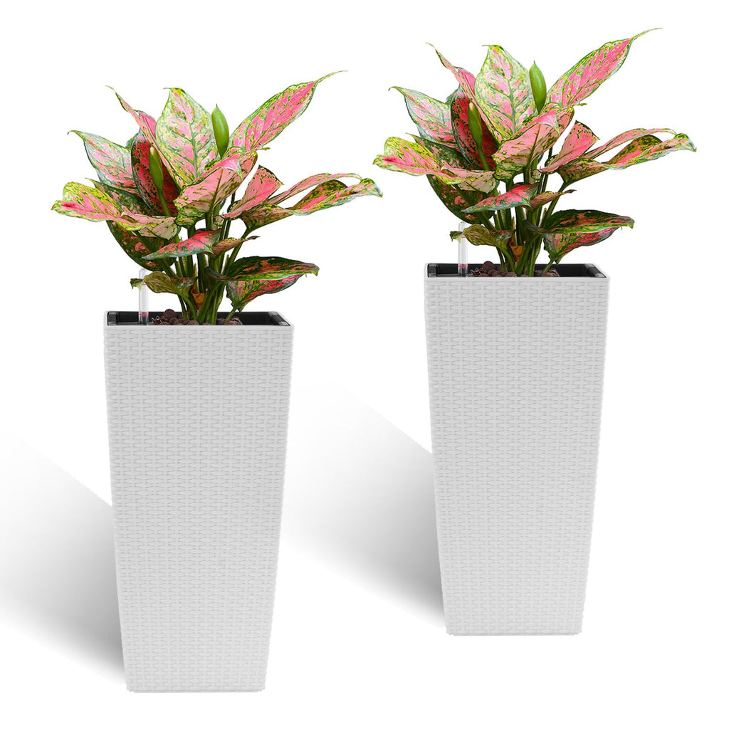 Pack of 2 Square Planter 22-Inch High Faux Rattan Design Flower Pot with Automatic Watering System for Porch, Patio, Backyard, Makes Keeping Flowers Easier White