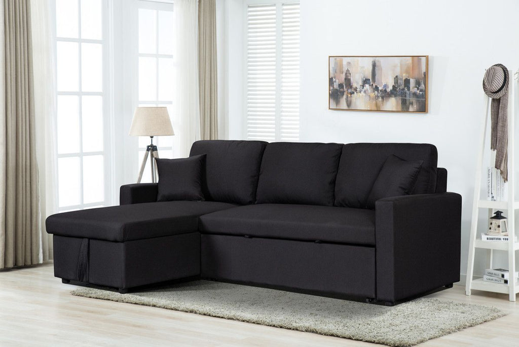 Paisley 82" Black Linen Fabric Reversible Sleeper Sectional Sofa with Storage Chaise
