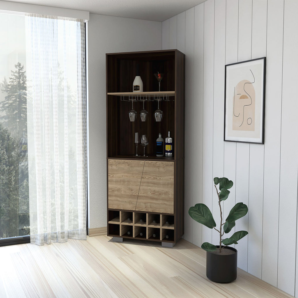 Paso Robles 10-Bottle 3-Shelf Corner Bar Cabinet Dark Oak and Pine