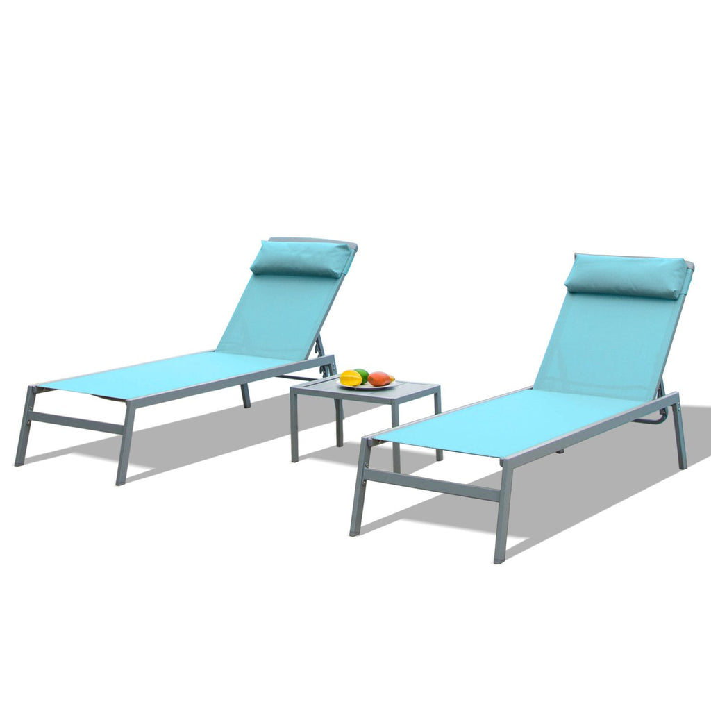 Patio Chaise Lounge Set, 3 Pieces Aluminum Adjustable Pool Lounge Chairs Textilene Sunbathing Recliner with Headrest (Lake Blue,2 Lounge Chairs +1 Table)