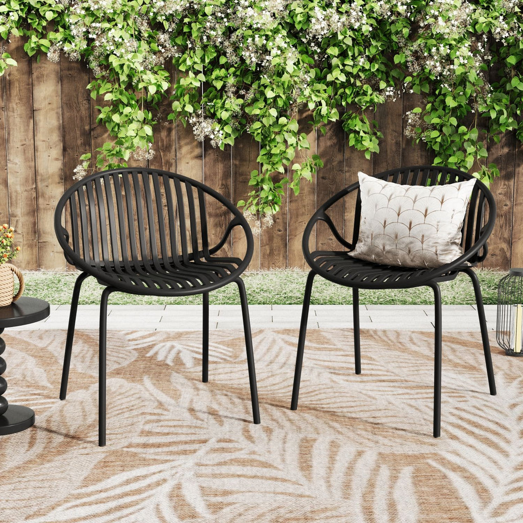 Patio Dining Chairs Stackable Chairs with Breathable Design Modern Simple Art Style (Set of 2),Metal Legs+Plastic backrest,Black
