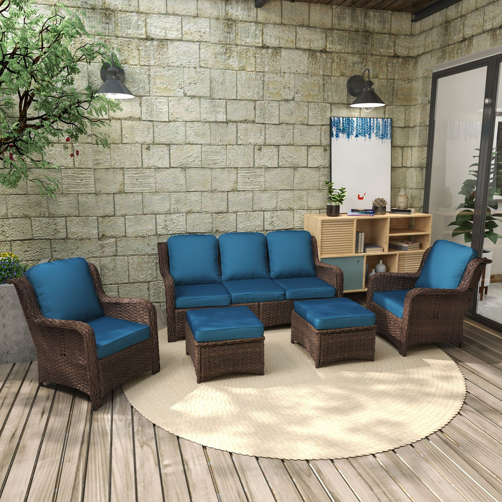 Patio Furniture Set Rattan Outdoor Sectional Conversation Sets 3-Seat Outdoor Couch,2 Single Chair and 2 Ottoman for Lawn, Balcony, Garden, Backyard (Bron-Peacock Blue, Set of 5)