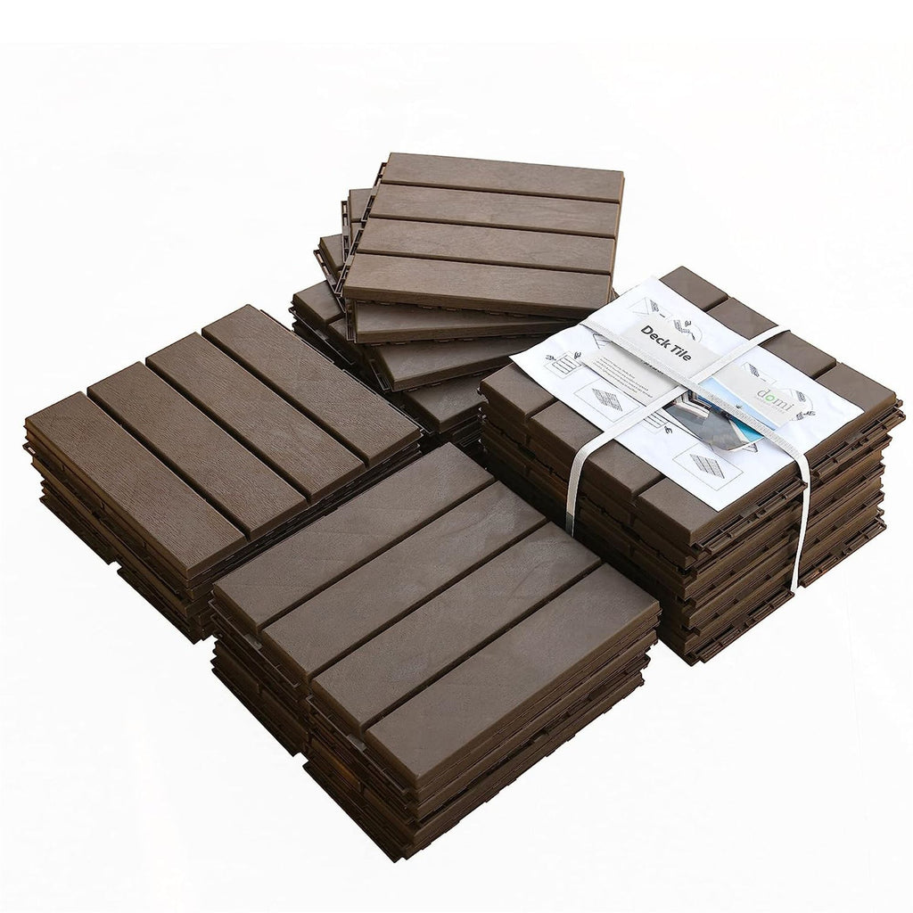 Patio Interlocking Deck Tiles, 12"x12" Square Composite Decking Tiles, Four Slat Plastic Outdoor Flooring Tile All Weather for Balcony Porch Backyard, (Dark Brown, Pack of 44)