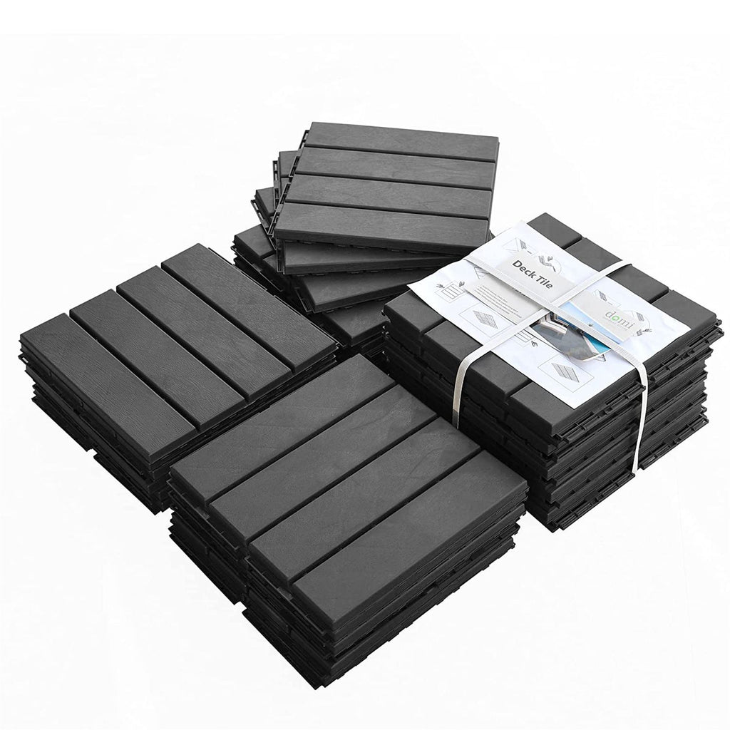Patio Interlocking Deck Tiles, 12"x12" Square Composite Decking Tiles, Four Slat Plastic Outdoor Flooring Tile All Weather for Balcony Porch Backyard, (Dark Grey, Pack of 44)