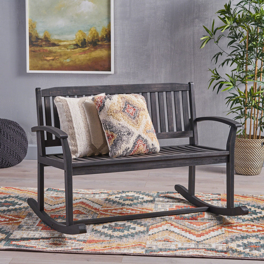 Patio Rocking Loveseat, 2 Person Outdoor rocker Bench, Acacia Wood Patio rocking Loveseat with Armrests, Slatted Seat & Backrest, Porch Rocking Bench for Backyard, Garden