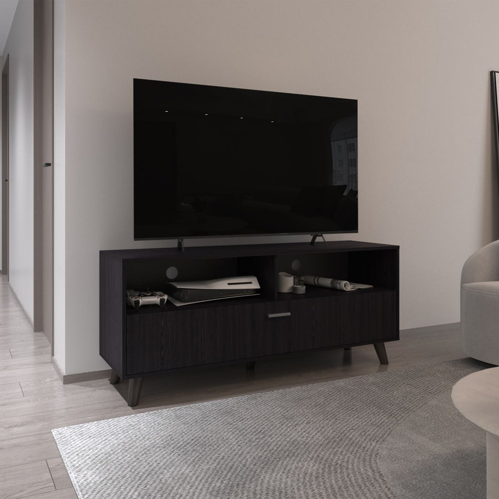Patrick Tv Stand With 2 Doors And Open Storage Shelves, Modern Entertainment Center, Black