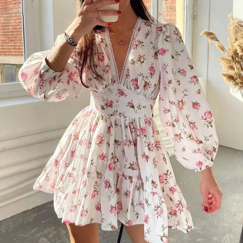 Women’s Floral Print Mini Dress with High Waist A-Line Fit Long Sleeve V-Neck Design Perfect for Summer Autumn Beach Vacation Casual Wear - NIICY