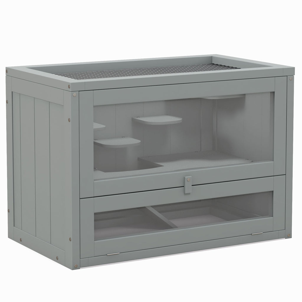 PawHut 2-Level Hamster Cage Mice and Rat House, Small Animal Habitat for Guinea Pigs, Chinchillas with Openable Top, Front Door, Shelf and Ladder, Gray