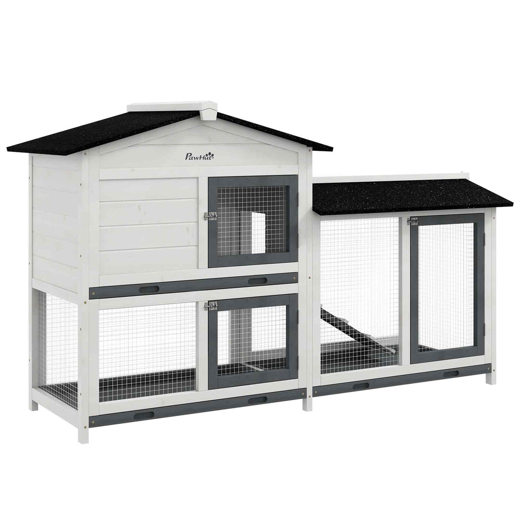 PawHut 62" Rabbit Hutch, Wooden Bunny Hutch, Guinea Pig Cage, Small Animal Enclosure with Run Area, Removable Tray, Asphalt Roof, Lockable Doors and Ramp, White