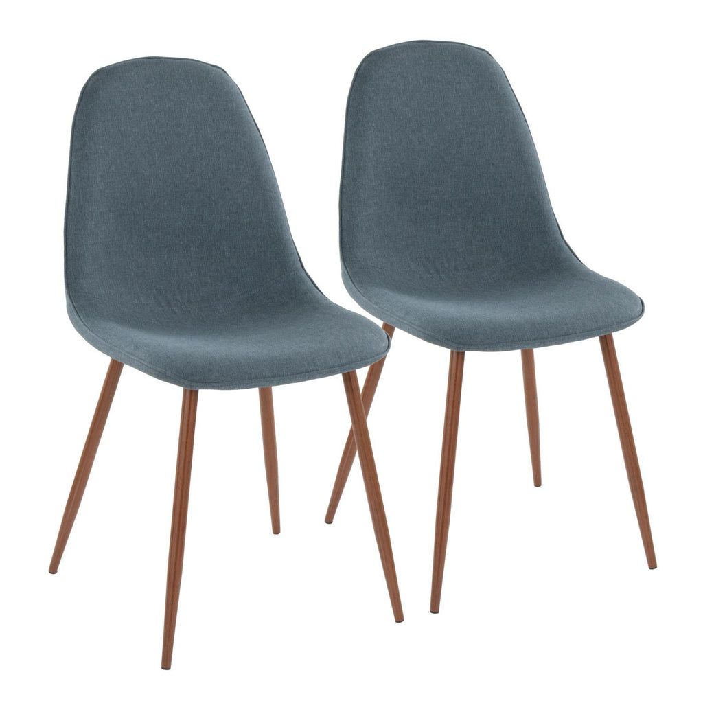 Pebble Mid-Century Modern Dining/Accent Chair in Walnut and Blue Fabric by - Set of 2