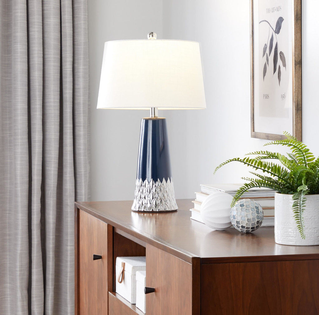 Penelope 22" Contemporary Ceramic Table Lamp with Dark Blue & Silver Ceramic Body and White Shade