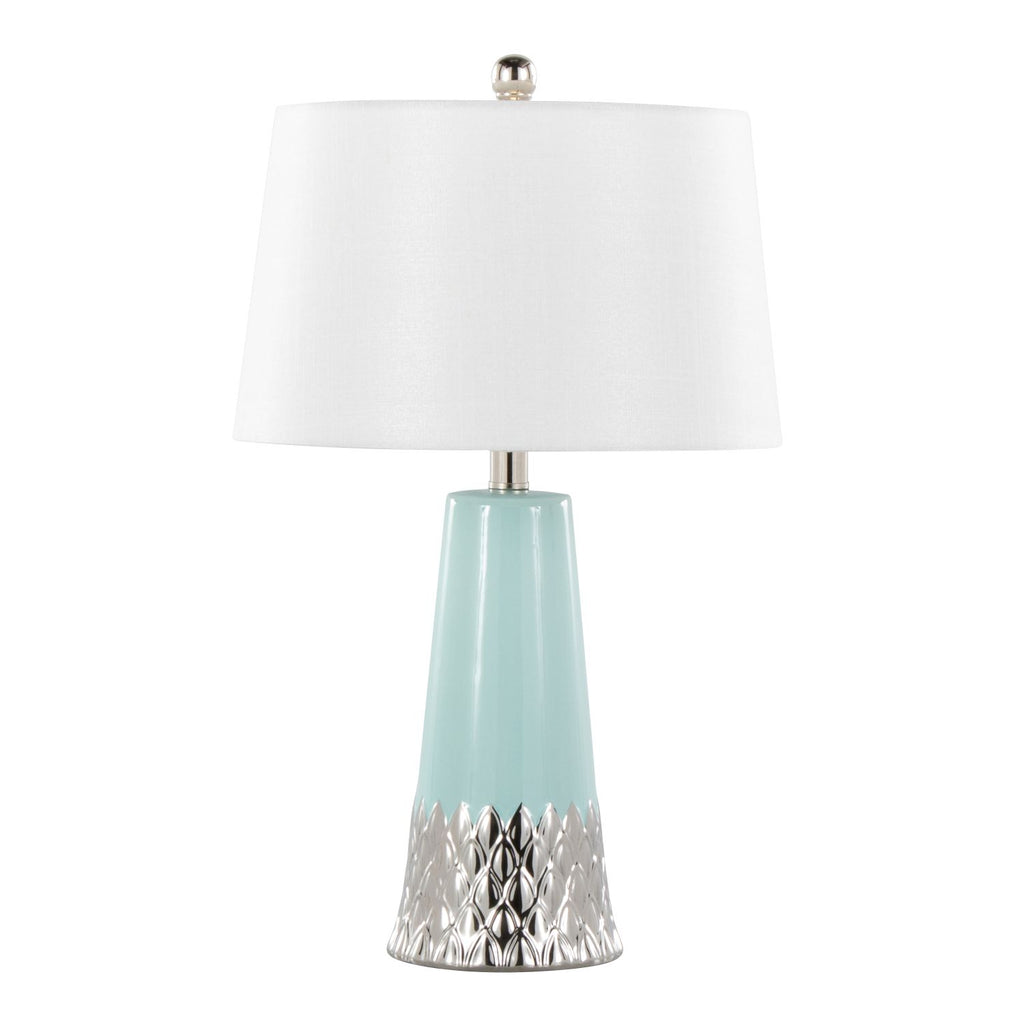 Penelope 22" Contemporary Ceramic Table Lamp with Tiffany Blue & Silver Ceramic Body and White Shade by