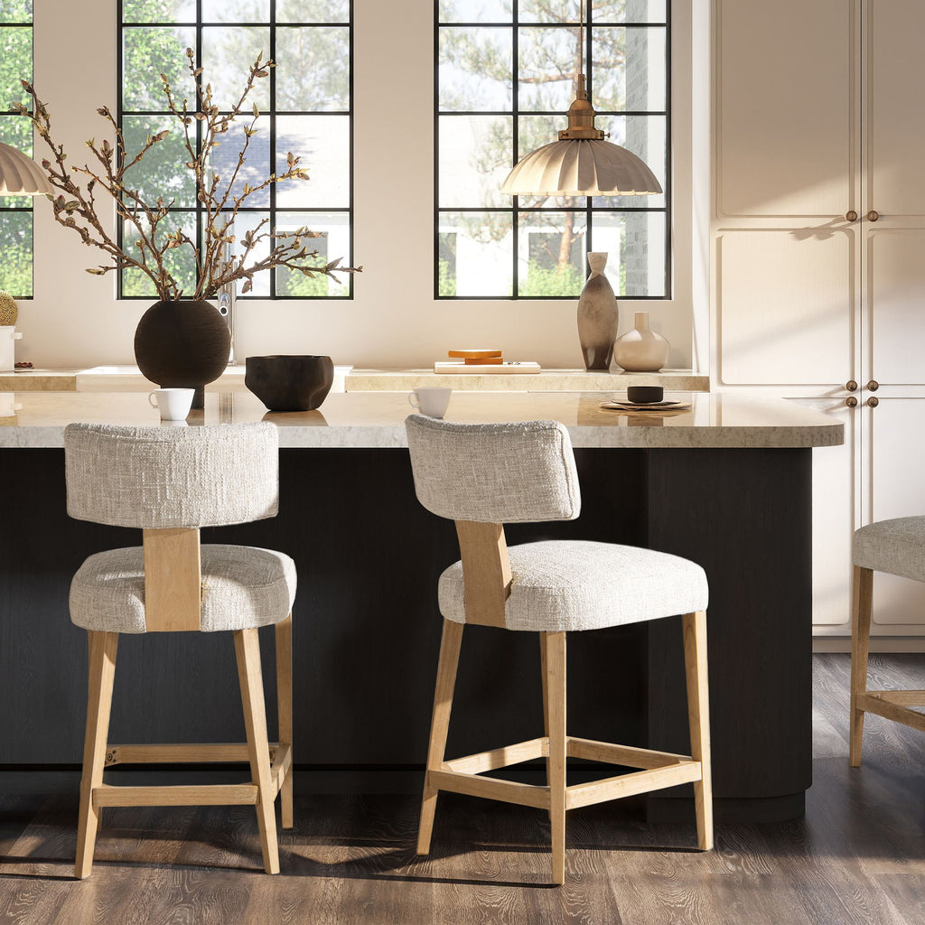 Penny Round Arched Upholstered Counter Stool, Set of 2, Travertine Beige Chenille