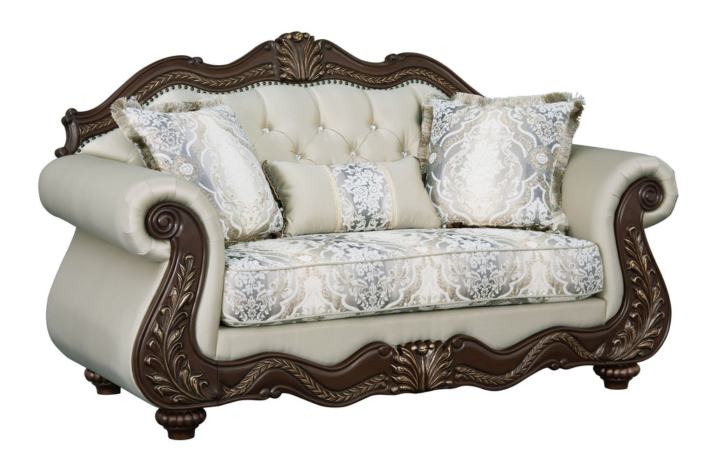 Pierce Beige Fabric & Cherry Finish Loveseat w/3 Pillows