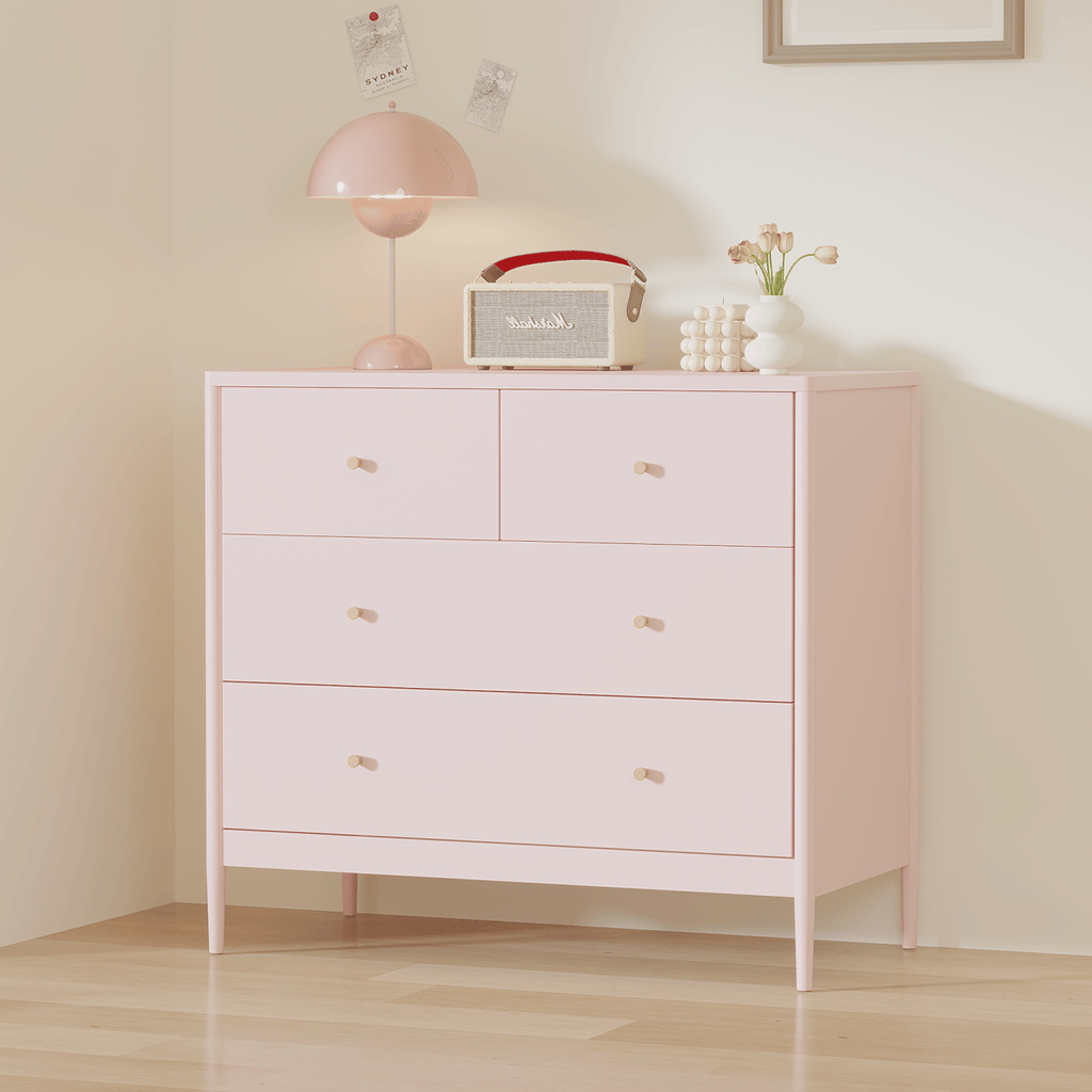 Pink 4-Drawer Kids Dresser, Wooden Storage Cabinet for Toddler Bedroom, Nursery, Closet, Baby Nightstand Organizer for Living Room or Apartment, 35.4" Wide