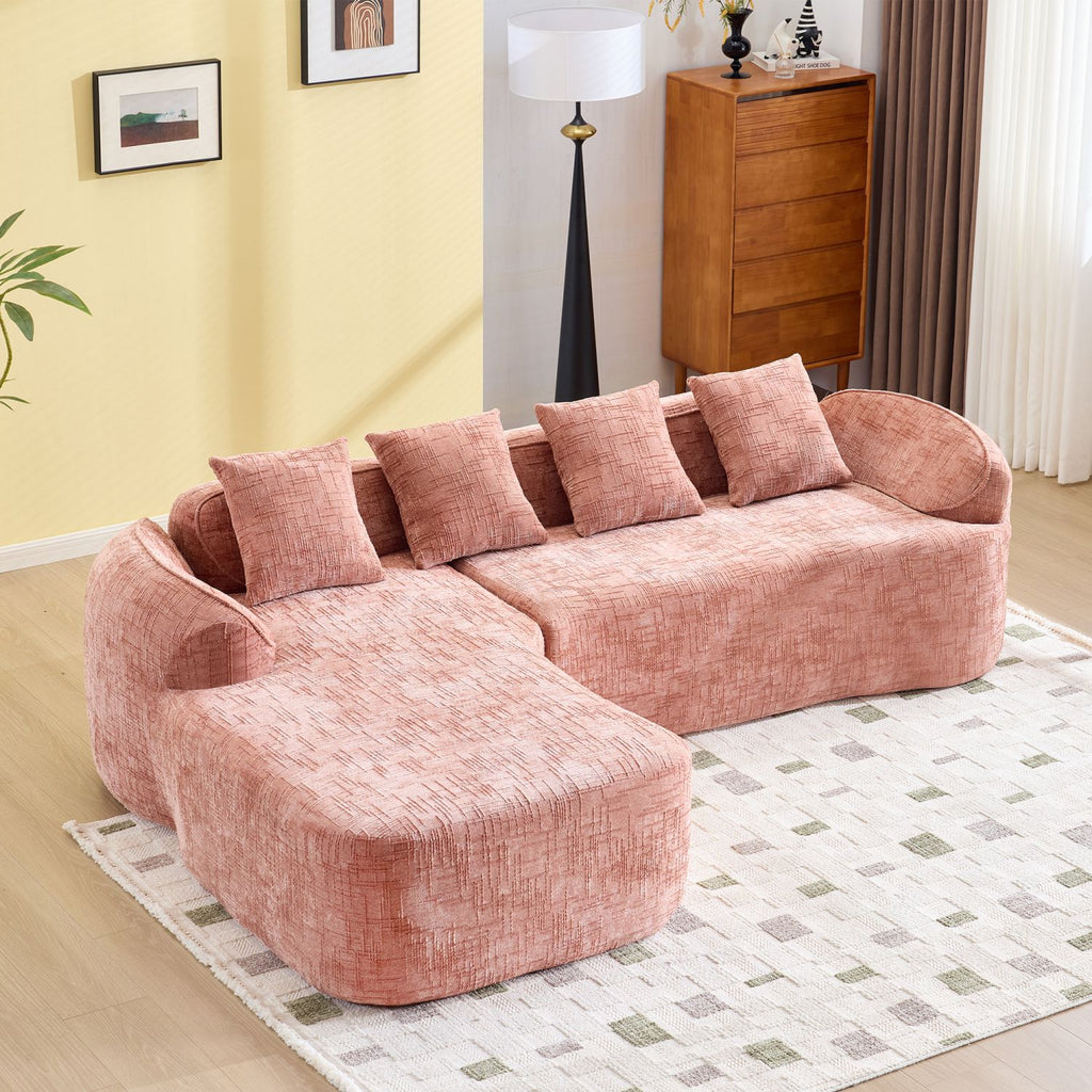 Pink chenille L-shaped compressed sofa that goes well with any living room. It features high-elastic sponge for a comfortable sitting feel, curved armrests and four throw pillows.