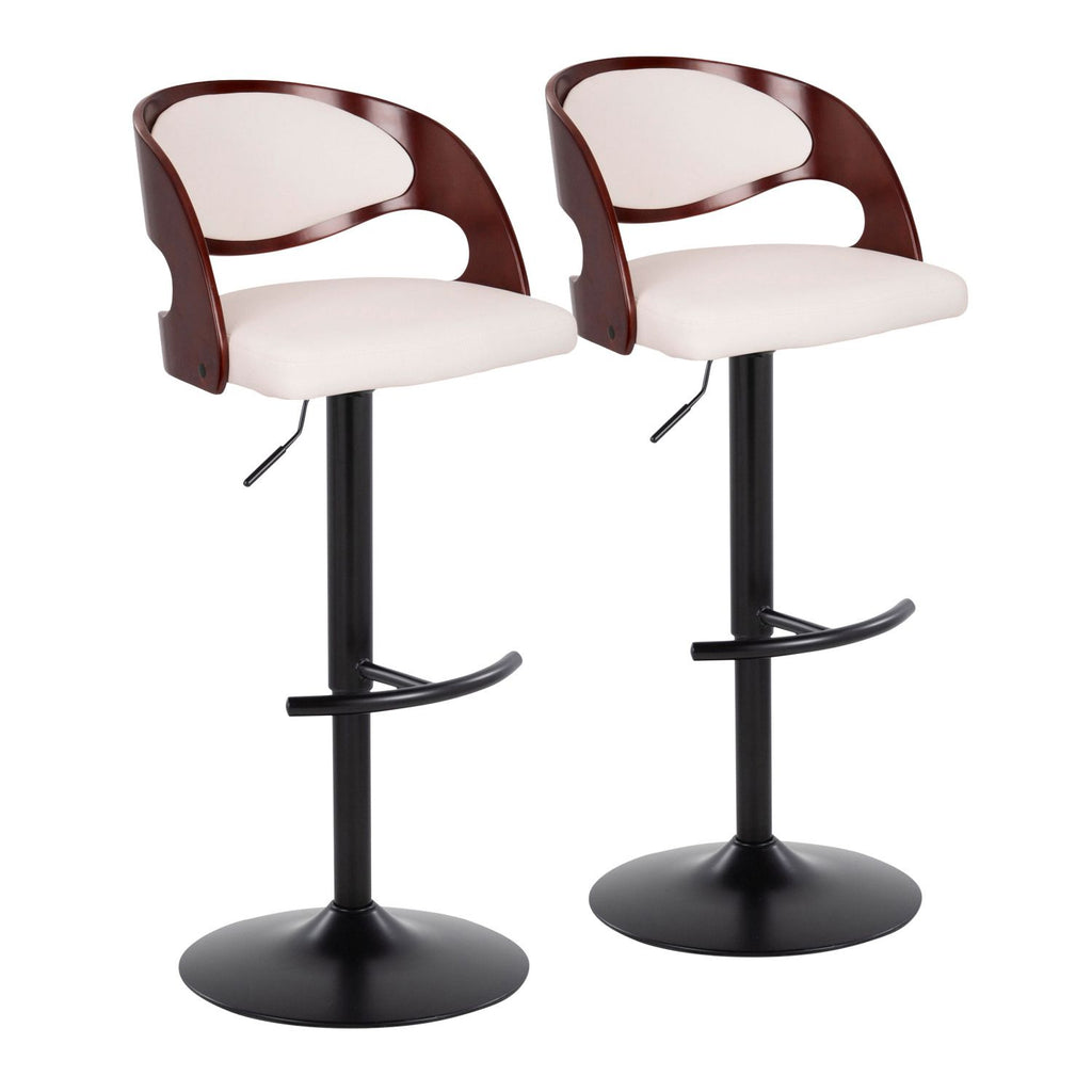 Pino Mid-Century Modern Adjustable Barstool with Swivel in Black Metal, Cherry Wood and White Faux Leather with Rounded T Footrest by - Set of 2