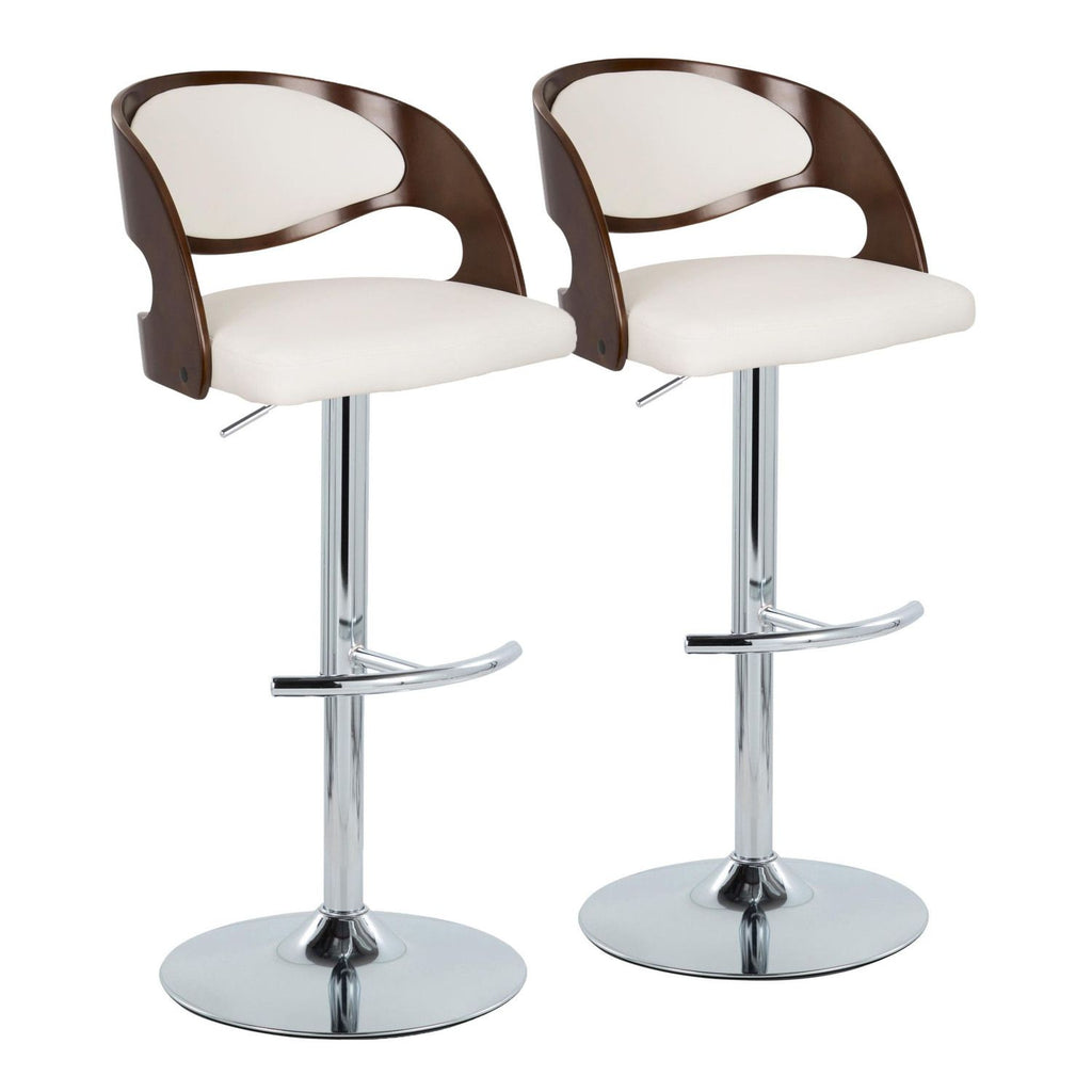 Pino Mid-Century Modern Adjustable Barstool with Swivel in Chrome Metal, Cherry Wood and White Faux Leather with Rounded T Footrest by - Set of 2