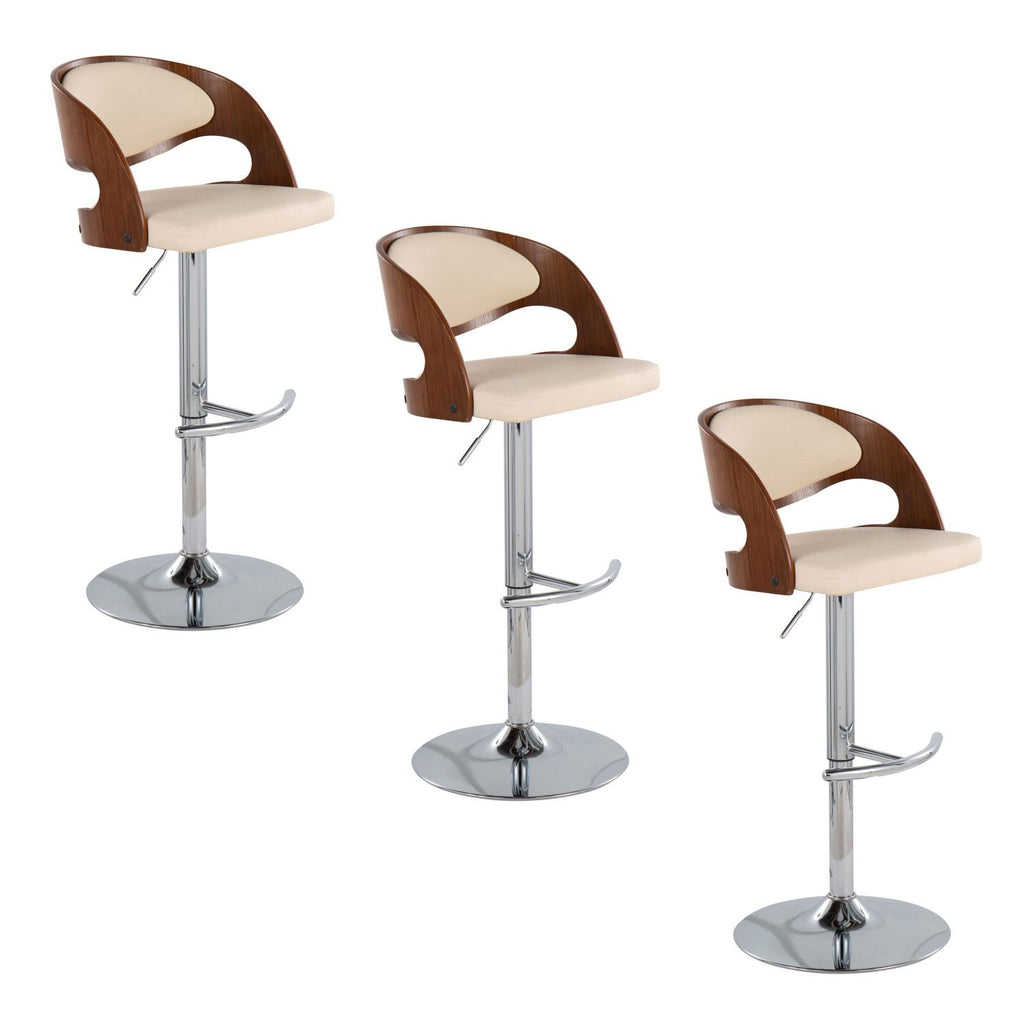 Pino Mid-Century Modern Adjustable Barstool with Swivel in Chrome Metal, Walnut Wood and Cream Faux Leather with Rounded T Footrest by - Set of 3