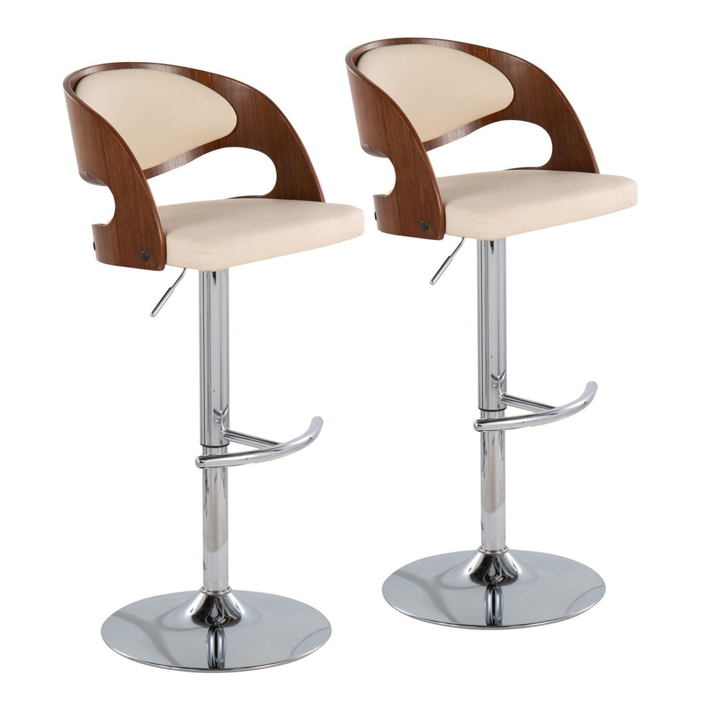 Pino Mid-Century Modern Adjustable Barstool with Swivel in Walnut and Cream Faux Leather by - Set of 2