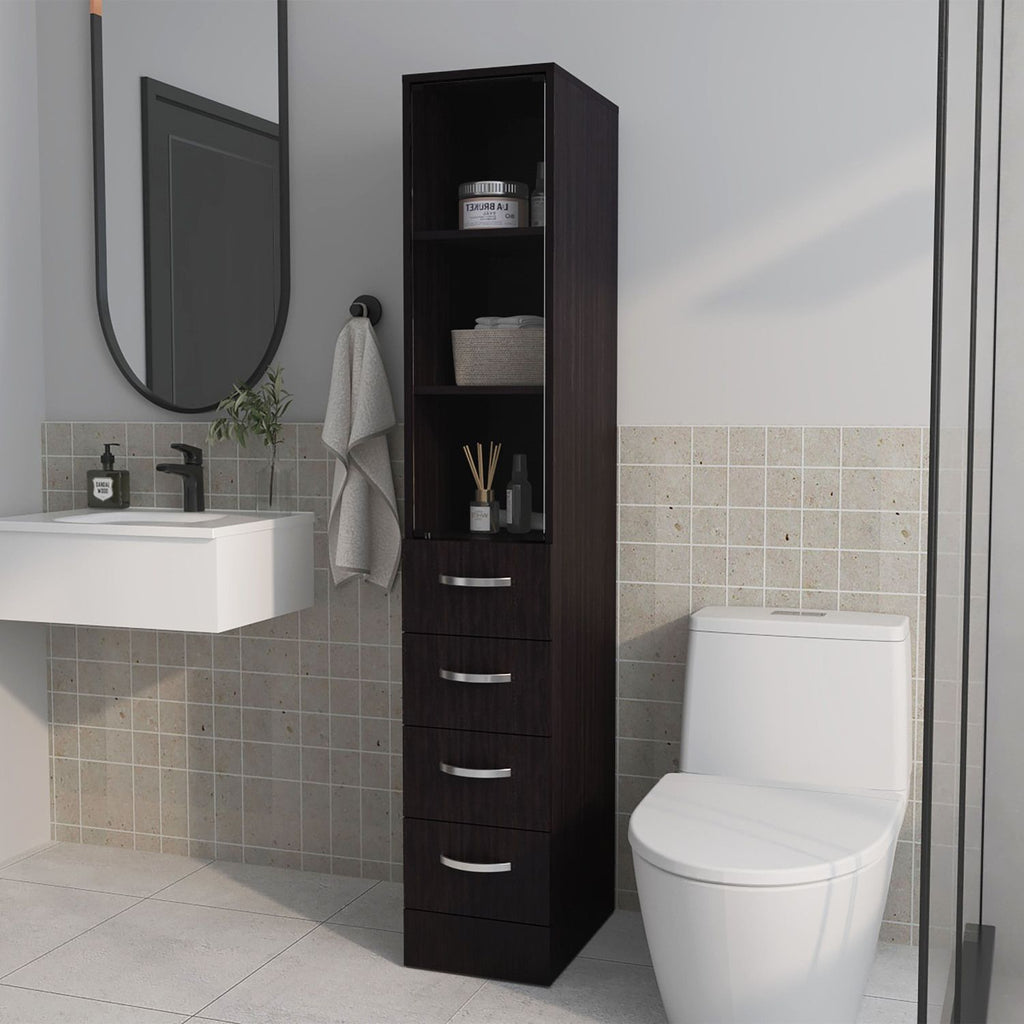 Piñon Bathroom Linen Cabinet with Glass Door and Drawers, Wengue
