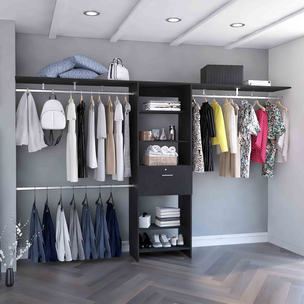 Plego 70"W - 118"W Drawers Closet System, One Drawer,Three Hanging Rods, Five Shelves -Black
