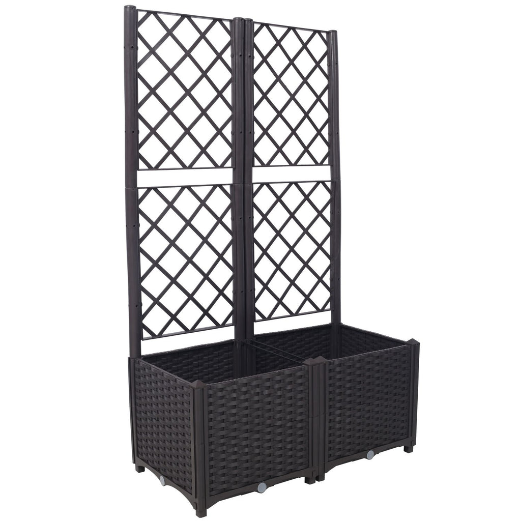 Poly Rattan Brown Trellis Raised Bed with Drainage Plug - 2 Removable Pots with Large Flower Boxes - Built-in Support for Climbing Plants - Outdoor Patio Garden Decoration