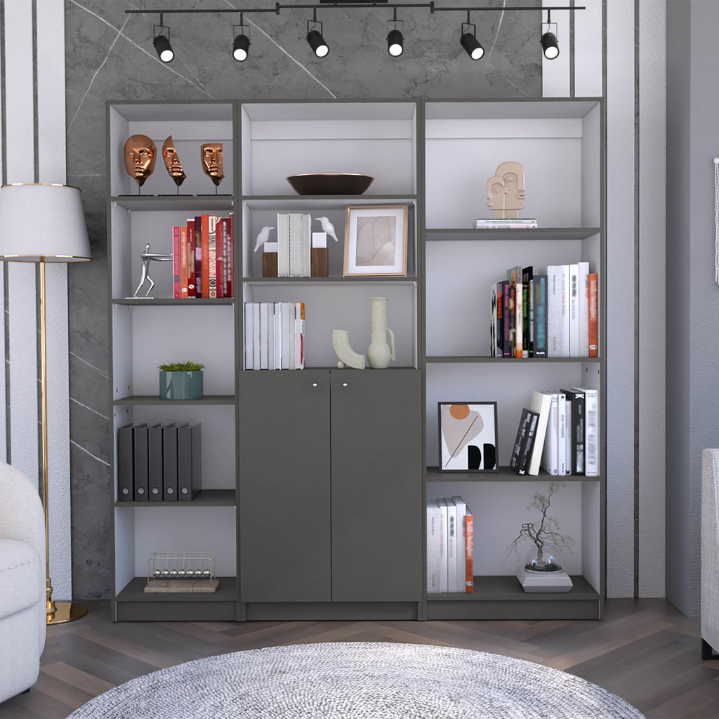 Poole 3 Piece Home Bookcase set, 67" Wide with 12 Shelves and 2-door Cabinet , Living Room Set Matt Gray / White