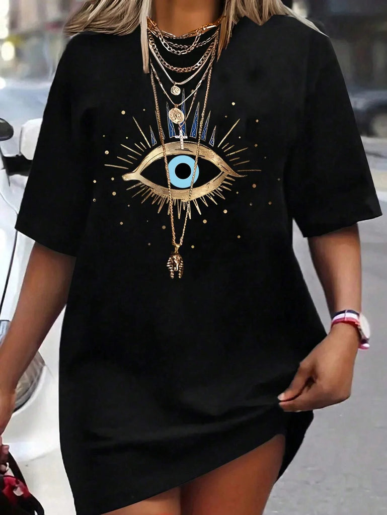 Loose Fit Summer Women’s Mini Dress with Sunflower and Totem Print, Short Sleeves, Round Neck, Casual and Comfortable for Warm Days