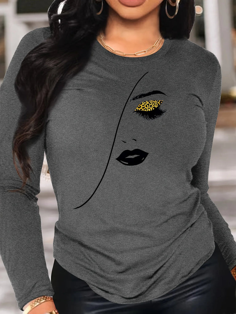 Women’s Oversized Black and White Dragonfly Print Long Sleeve T-Shirt with Round Neck and Slim Fit Design