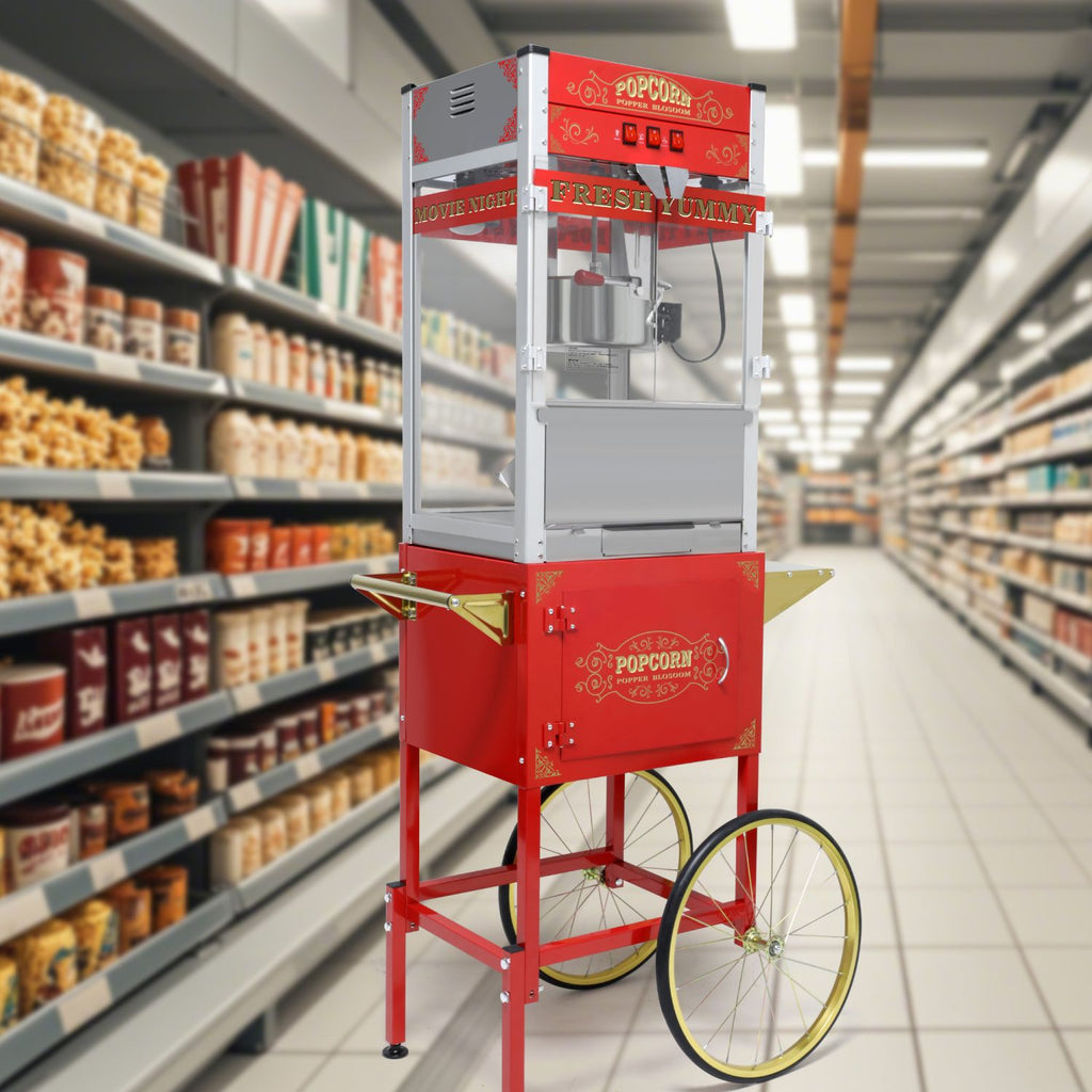 Popcorn Machine with Cart: This popcorn machine on wheels combines an antique-style design with modern features. The cart includes 16" bicycle-style wheels and a cabinet with storage space for popcorn