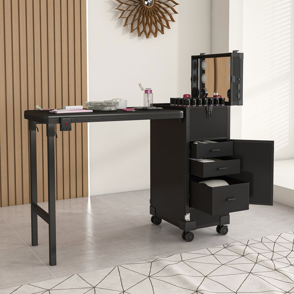 Portable Nail Art Table w/ LED Mirror, Bluetooth, Lockable Drawers, Telescopic Pole - Folding Manicure Station for Salons (Black)